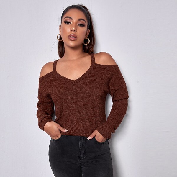 

Cold Shoulder Rib-knit Tee, Chocolate brown