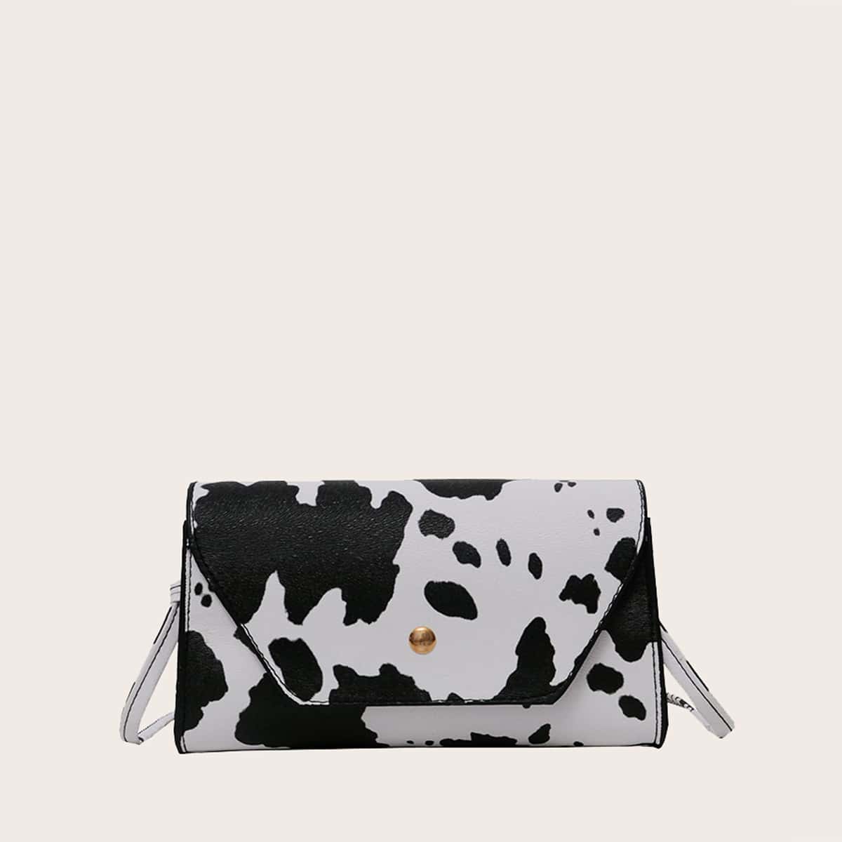 

Cow Print Flap Bag, Black and white