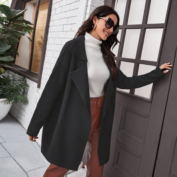 

Drop Shoulder Notched Collar Cardigan, Black