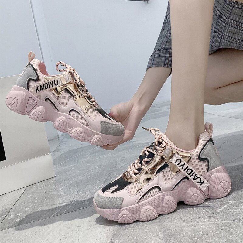 

Metallic Lace-up Chunky Sneakers, Baby pink