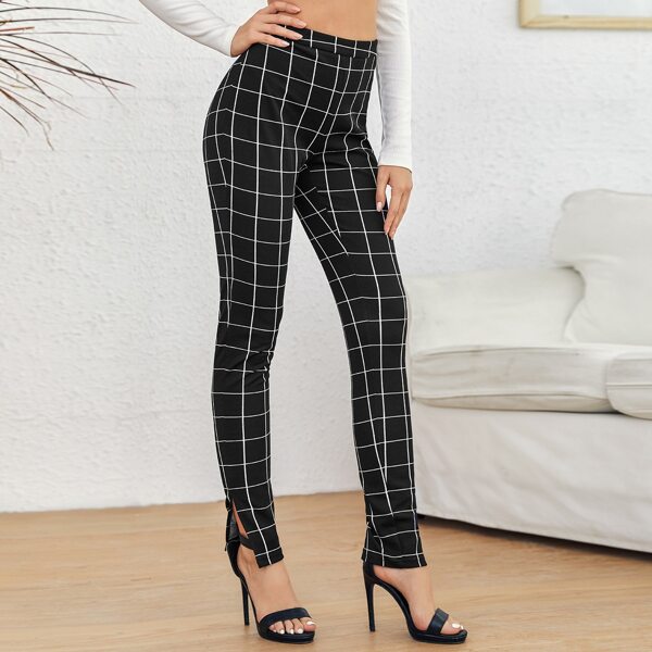 

Split Hem Grid Print Skinny Pants, Black
