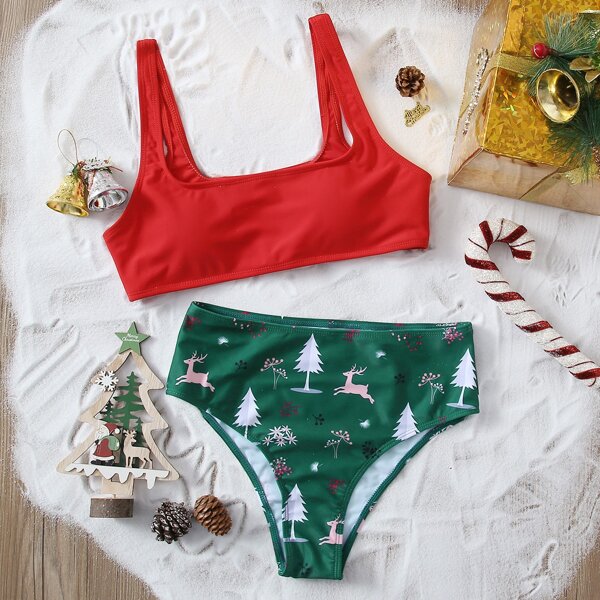 

Plant & Deer Print High Waisted Bikini Swimsuit, Multicolor