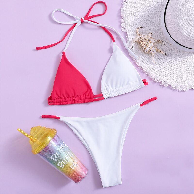 

Colorblock Triangle Bikini Swimsuit, Red and white
