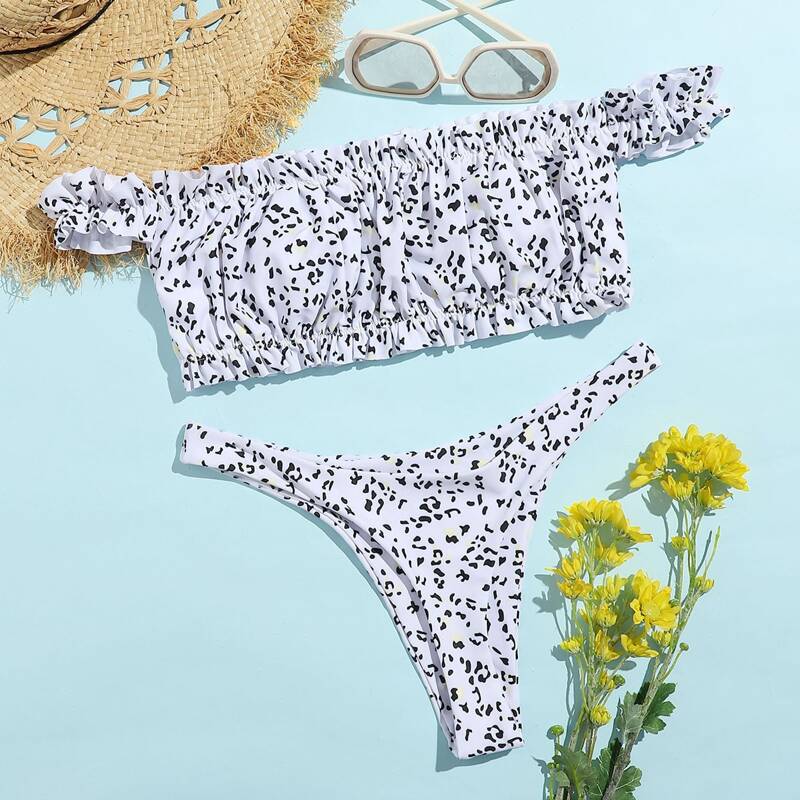 

Allover Print Frill High Cut Bikini Swimsuit, Black and white