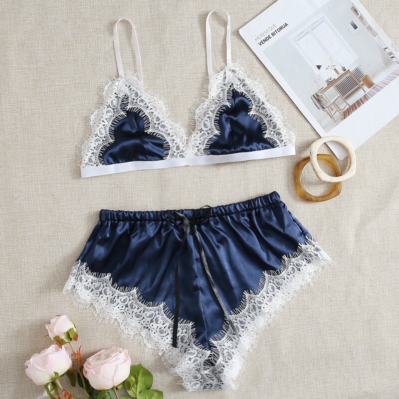 

Satin Contrast Lace Lingerie Set, Navy blue