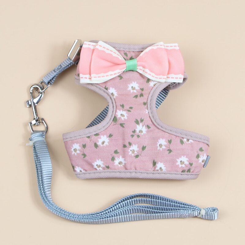 

1pc Bow Decor Floral Dog Harness & 1pc Dog Leash, Pink
