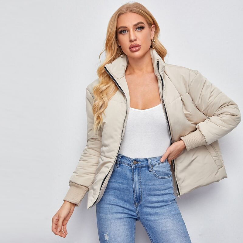 

Pocket Side Zip Up Puffer Jacket, Beige