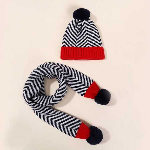 

2pcs Toddler Kids Pom Pom Decor Beanie & Scarf, Red