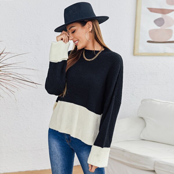 

Drop Shoulder Two Tone Sweater, Black and white