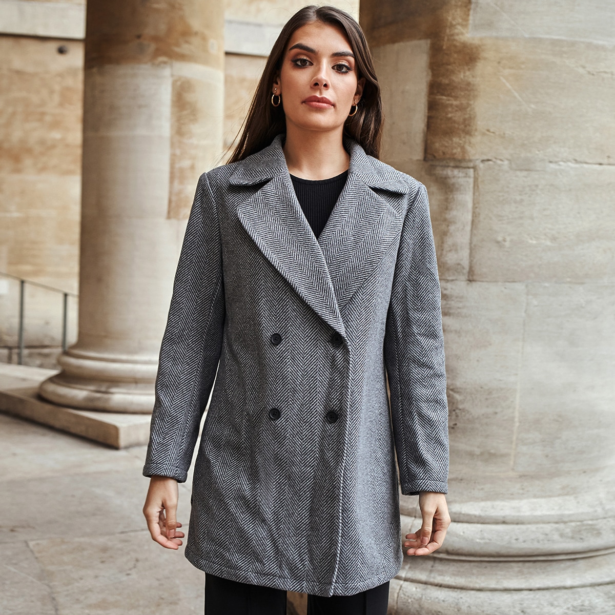 Image of Notch Collar Chevron Pattern Pea Coat