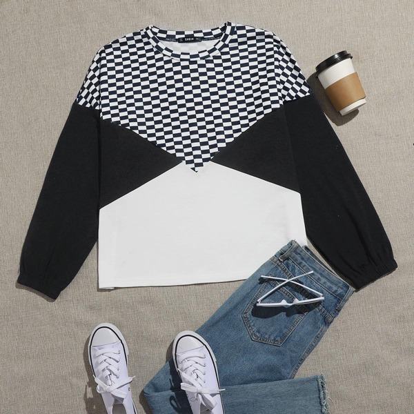 

Color-block Checker Print Drop Shoulder Sweatshirt, Black and white