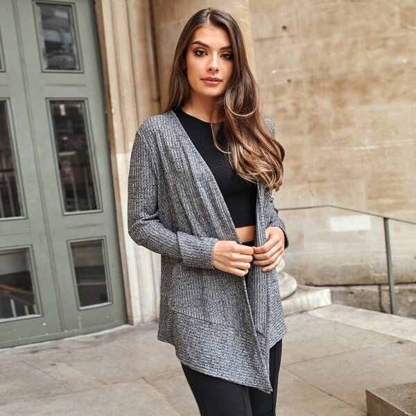 

Open Front Hanky Hem Rib-knit Coat, Grey