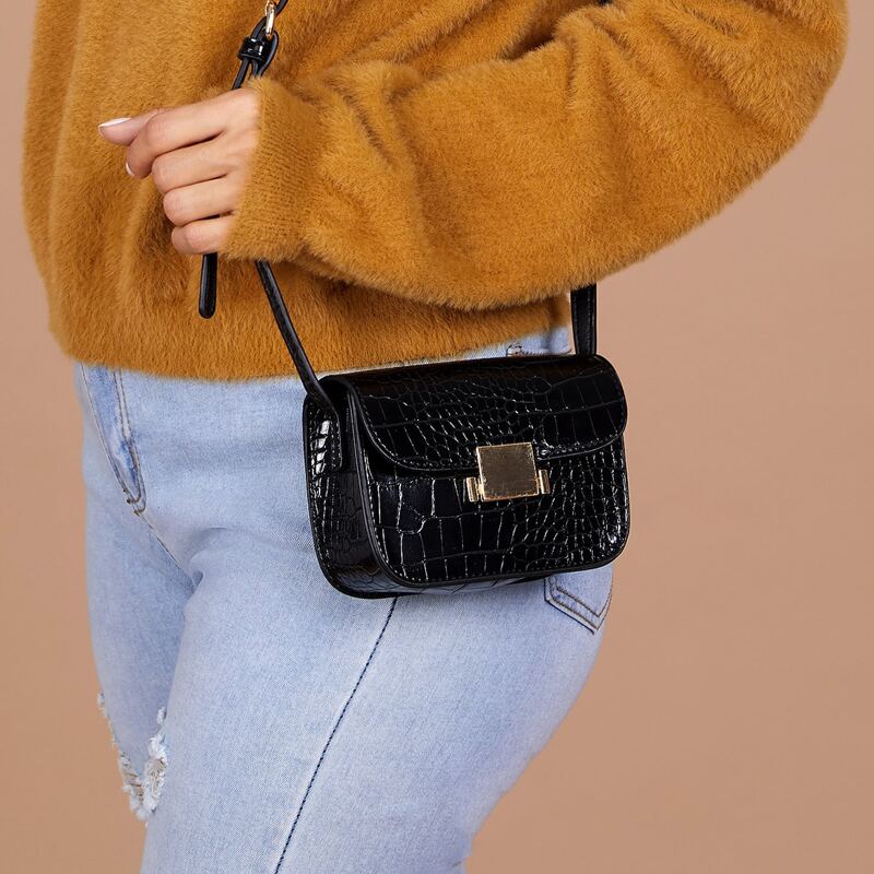 

Mini Metal Decor Croc Embossed Crossbody Bag, Black