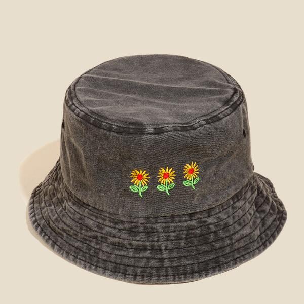 

Flower Embroidered Bucket Hat, Dark grey