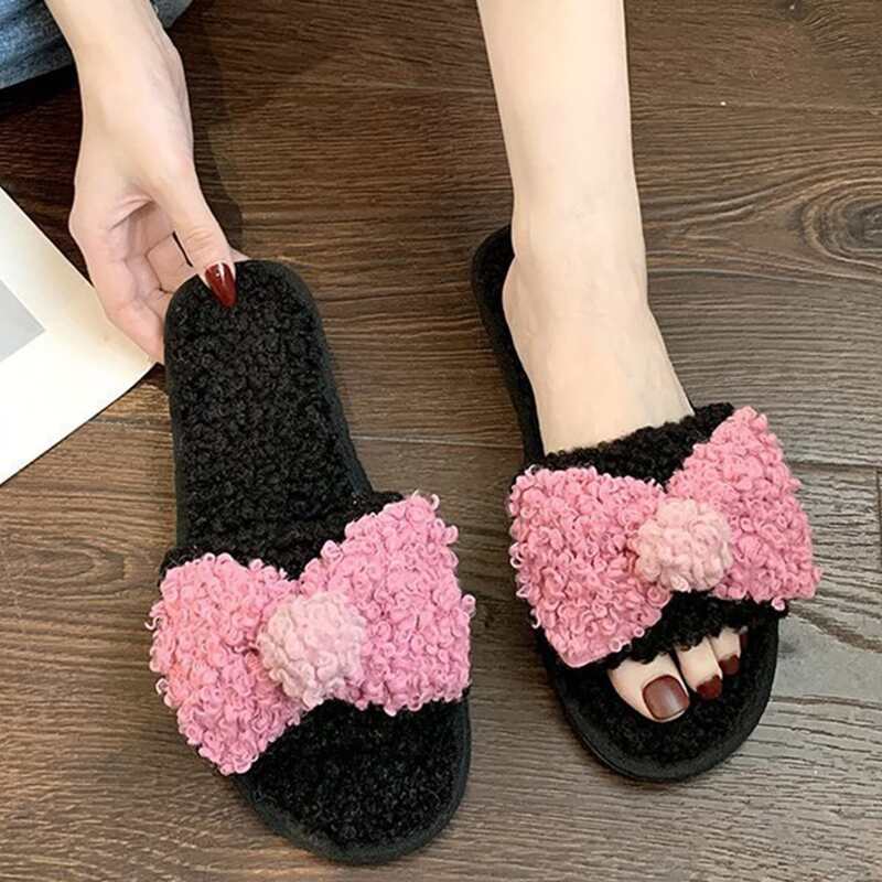 

Colorblock Bow Fleece Fluffy Slippers, Multicolor