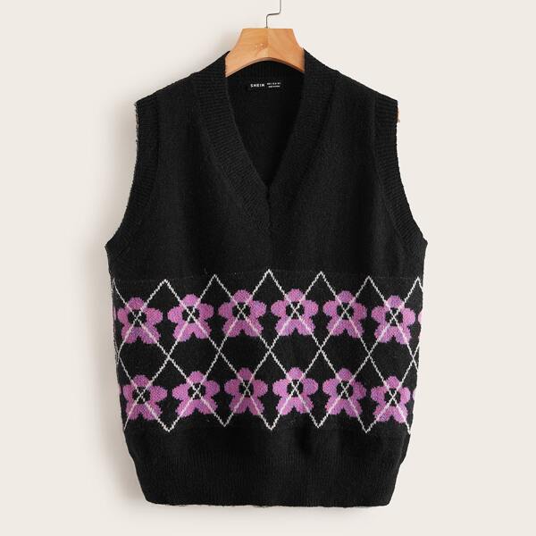 

Flower & Argyle Pattern Sweater Vest, Black