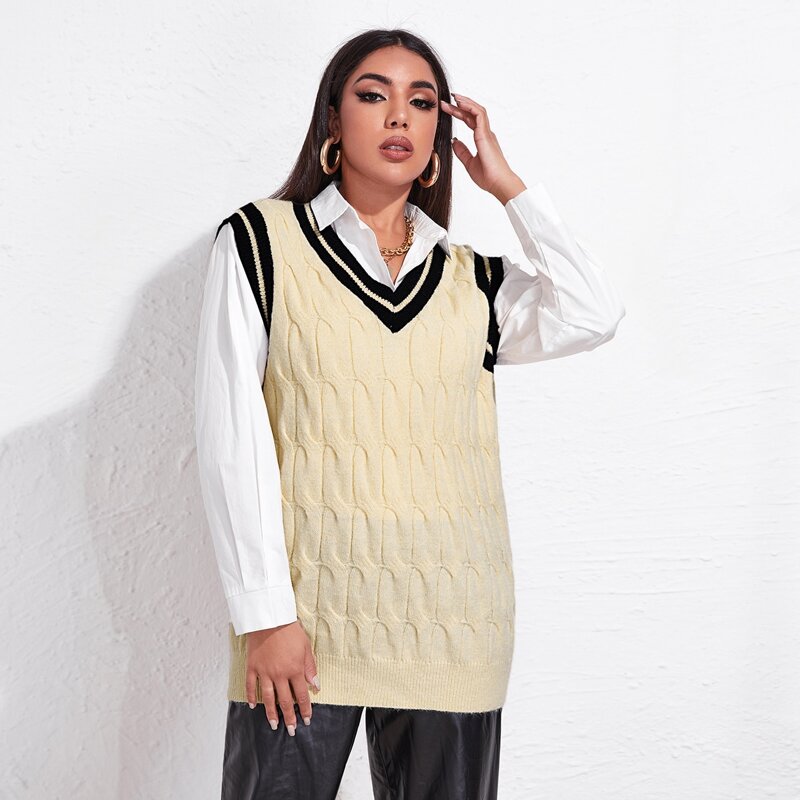 

Striped Trim Cable Knit Sweater Vest Without Blouse, Beige