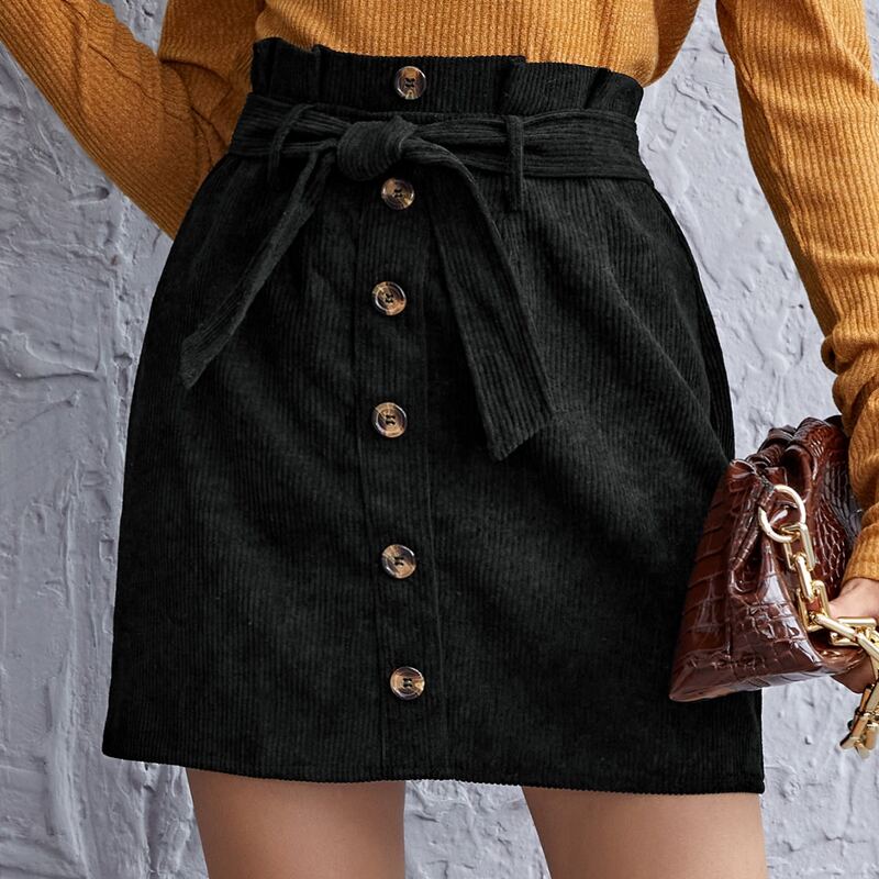 

Paperbag Waist Self Belted Button Up Cord Skirt, Black