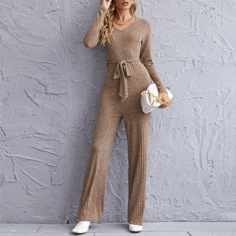 

Zip Back Belted Rib-knit Jumpsuit, Mocha brown