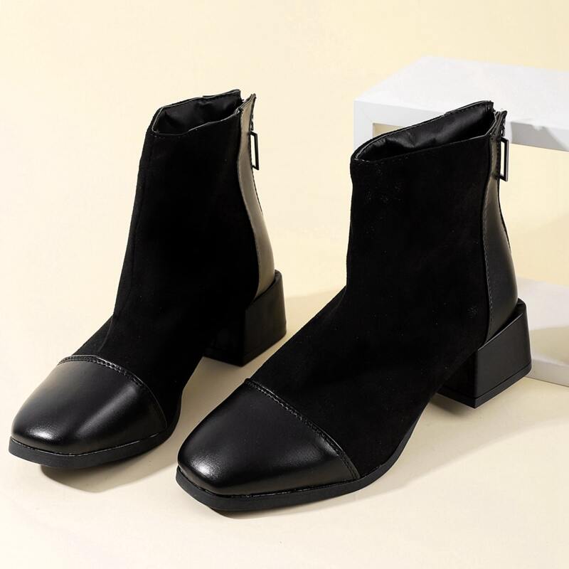 

Cap Toe Chunky Heeled Ankle Boots, Black