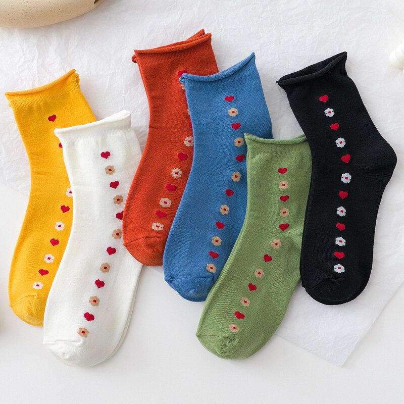

6pairs Heart & Floral Crew Socks, Multicolor