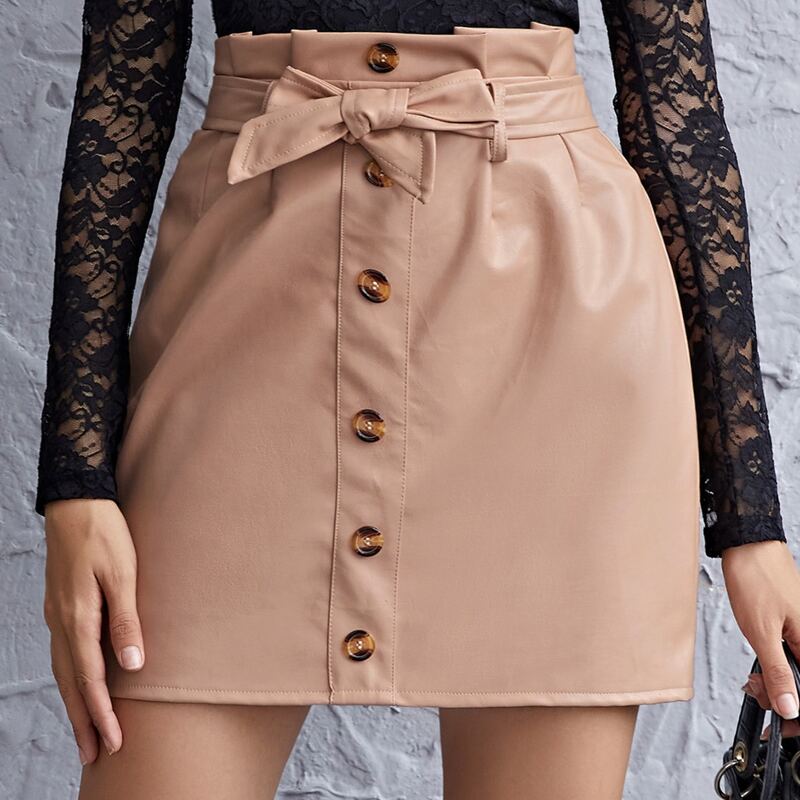 

Paperbag Waist Self Belted Button Up PU Leather Skirt, Dusty pink
