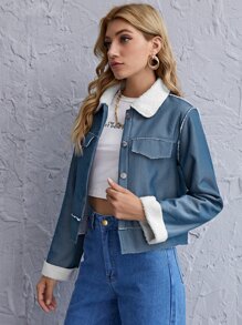 Áo khoác Nút phía trước Khối Màu Giải trí - Màu xanh bụi bặm - Xem 3