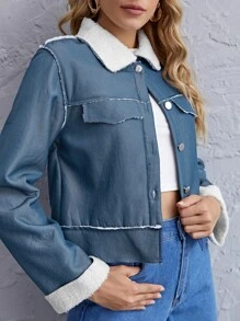 Áo khoác Nút phía trước Khối Màu Giải trí - Màu xanh bụi bặm - Xem 5