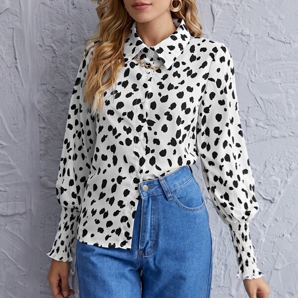 

Allover Print Shirred Cuff Lantern Sleeve Blouse, Black and white