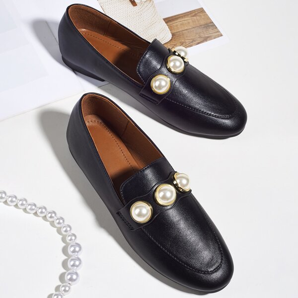 

Faux Pearl Decor Slip On Loafers, Black