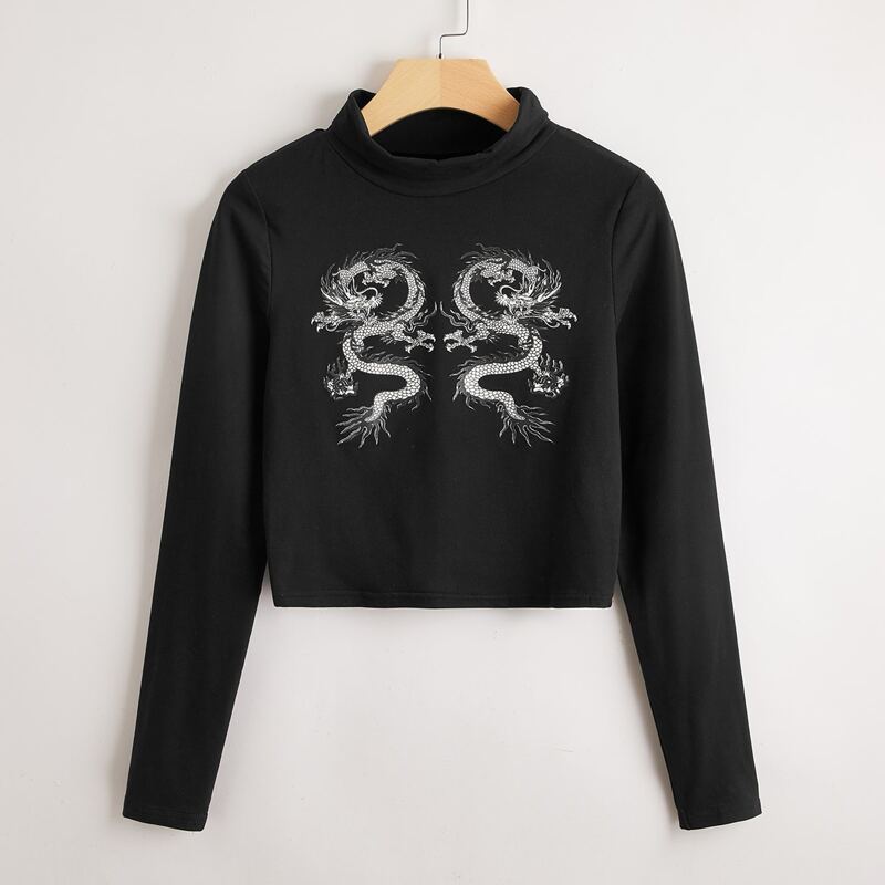 

Chinese Dragon Graphic Crop Tee, Black