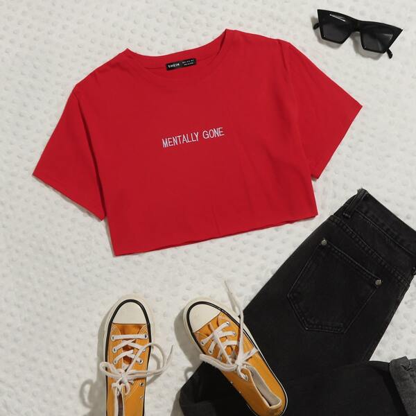 

Letter Embroidered Crop Tee, Red