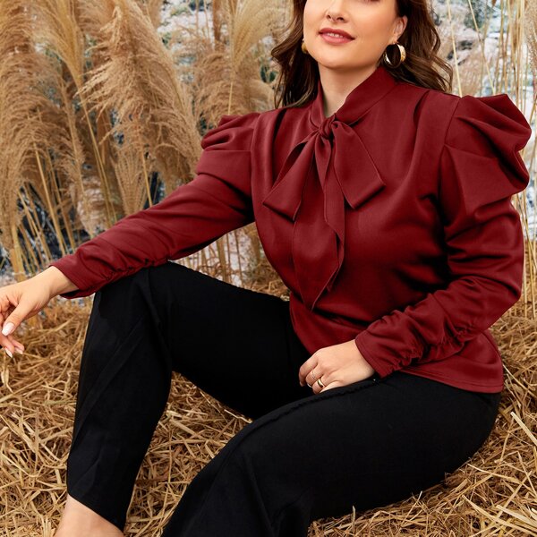 

Plus Tie Neck Leg-of-mutton Sleeve Blouse, Burgundy