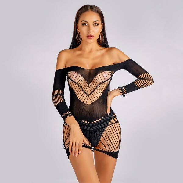 

Fishnet Cut-out Bardot Dress, Black