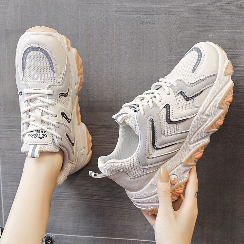 

Lace-up Mesh Chunky Sneakers, Beige