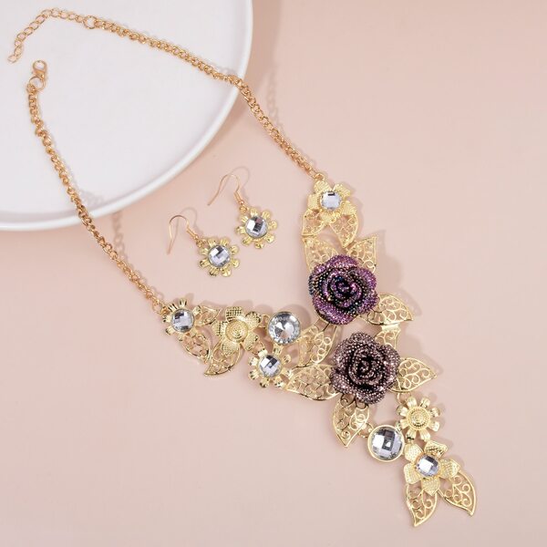 

1pc Flower Pendant Necklace & 1pair Earrings, Gold