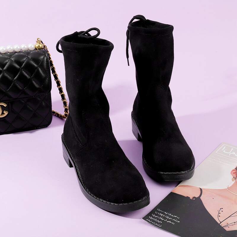 

Tie Back Chunky Heeled Sock Boots, Black