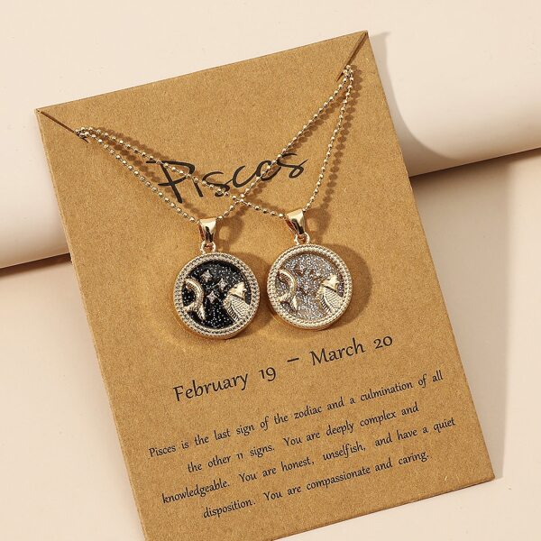 

2pcs Couple Zodiac Sign Design Round Charm Necklace, Multicolor