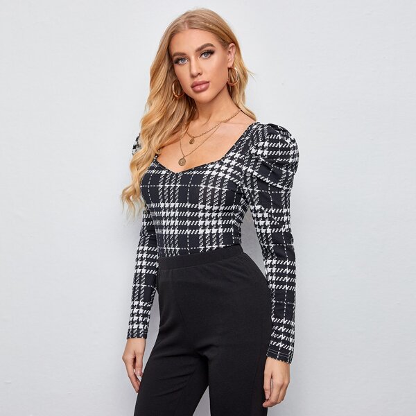 

Plaid Leg-of-mutton Sleeve Top, Black and white