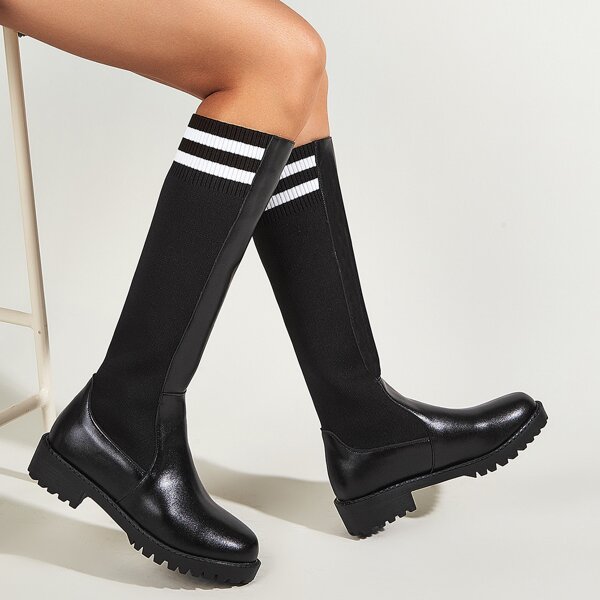 

Strip Trim Contrast PU Knee Boots, Black
