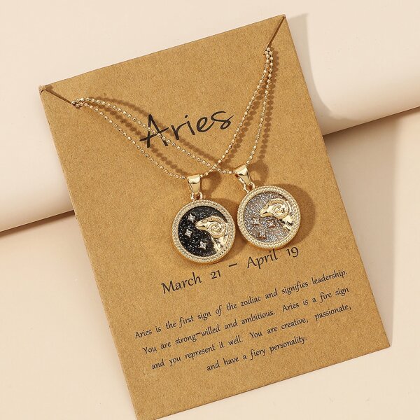 

2pcs Couple Zodiac Sign Design Round Charm Necklace, Multicolor
