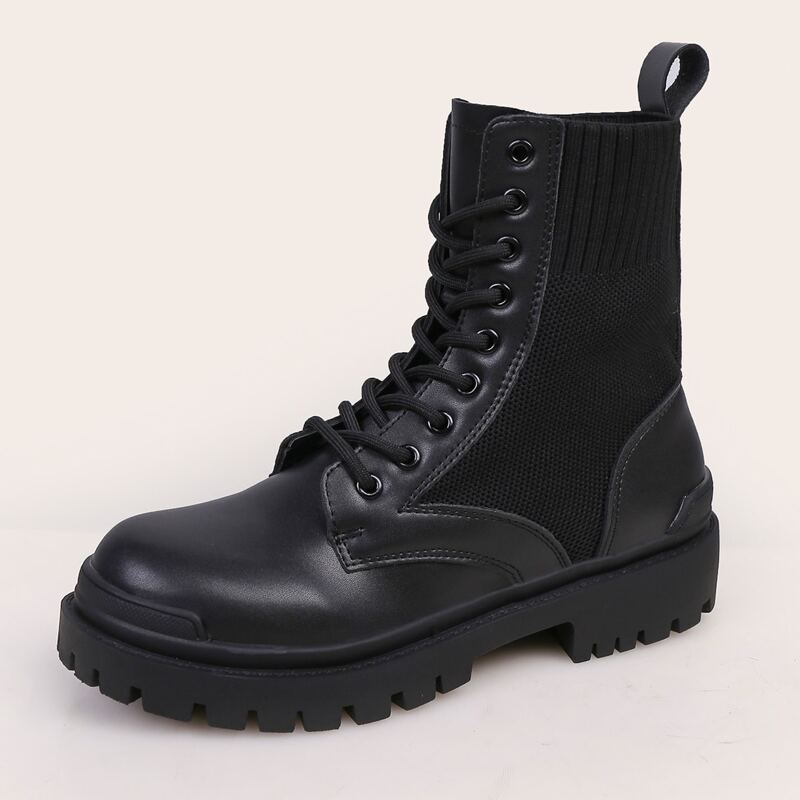 

Lace-up Lug Sole Knit Combat Boots, Black
