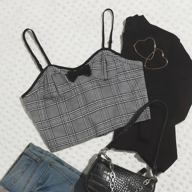 

Bow Front Plaid Cami Crop Top, Black and white