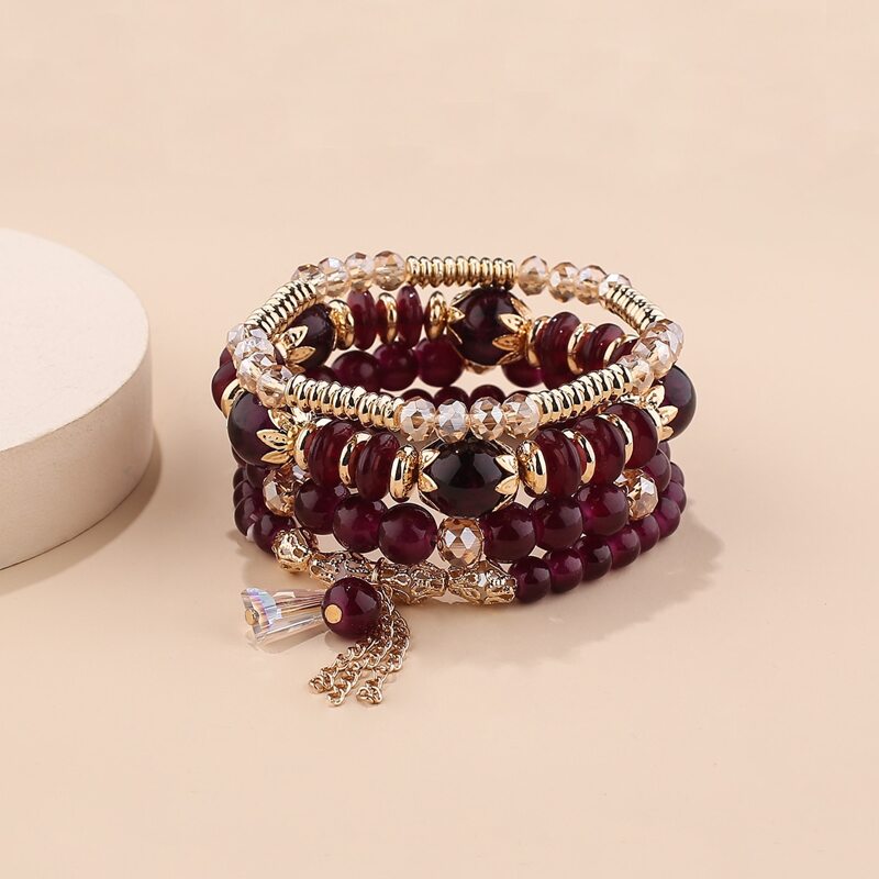 

4pcs Metal Tassel Decor Beaded Bracelet, Multicolor