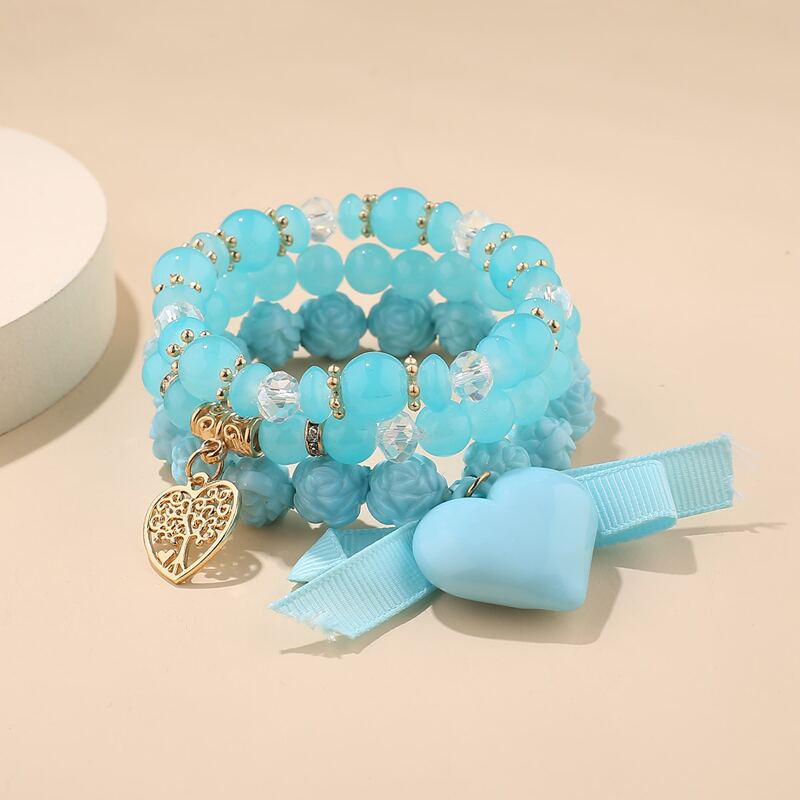 

3pcs Heart Charm Beaded Bracelet, Multicolor