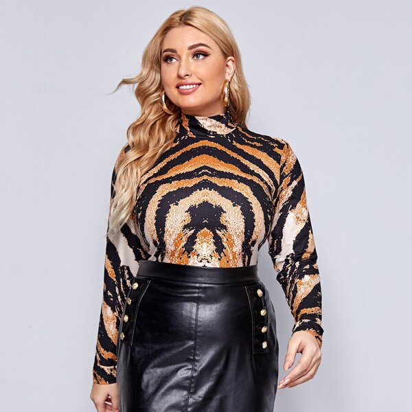 

Plus Mock Neck Tiger Print Tee, Multicolor