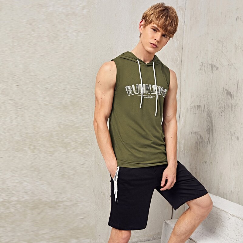 

Guys Letter Graphic Drawstring Hooded Sports Tank Top, Army green