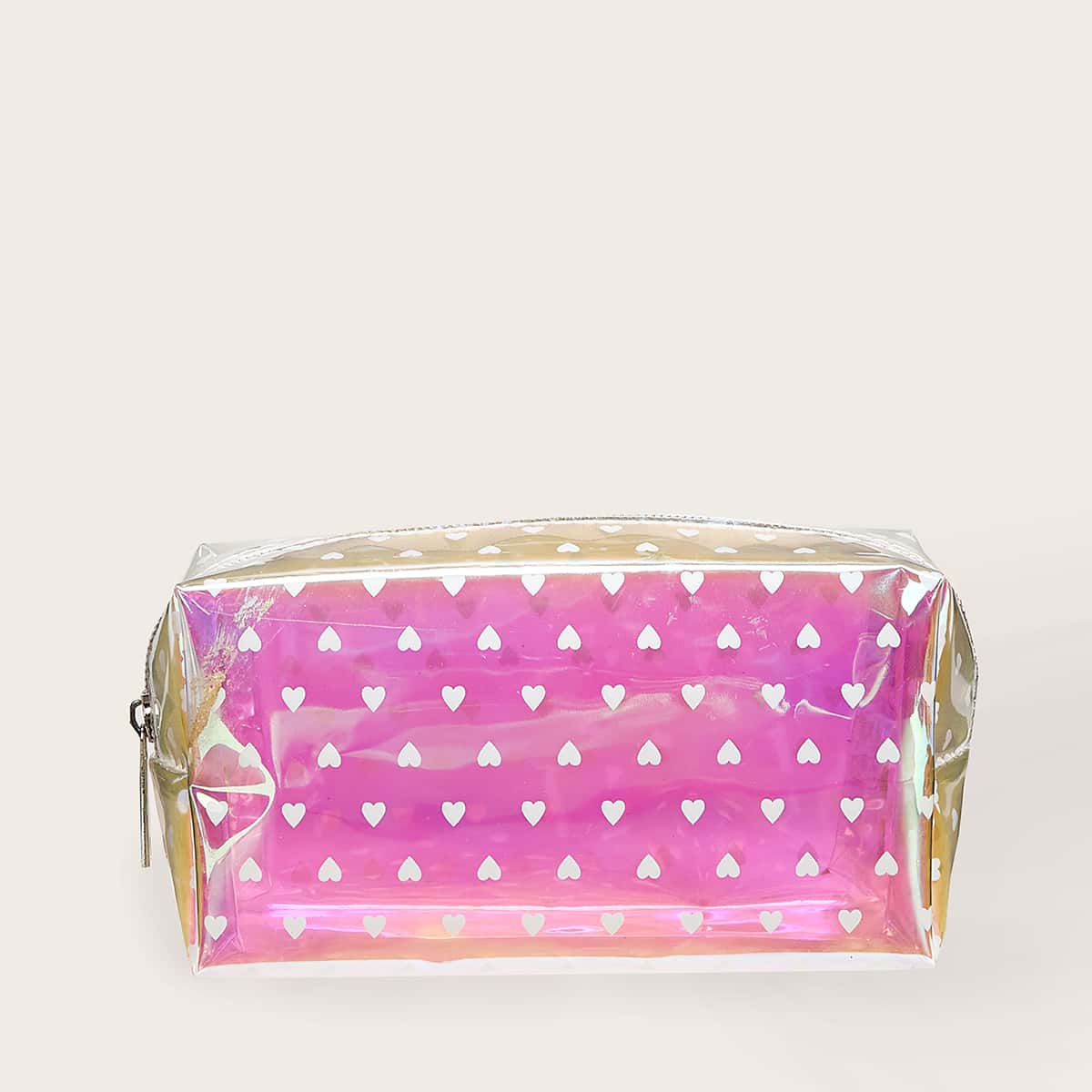 

Holographic Heart Print Makeup Bag, Multicolor