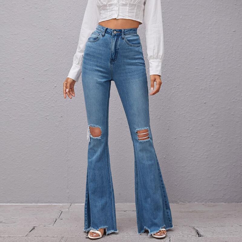

High Waist Raw Hem Ripped Flare Jeans, Medium wash