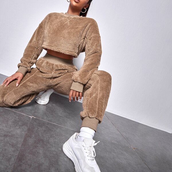

Drop Shoulder Crop Teddy Pullover & Joggers Set, Khaki